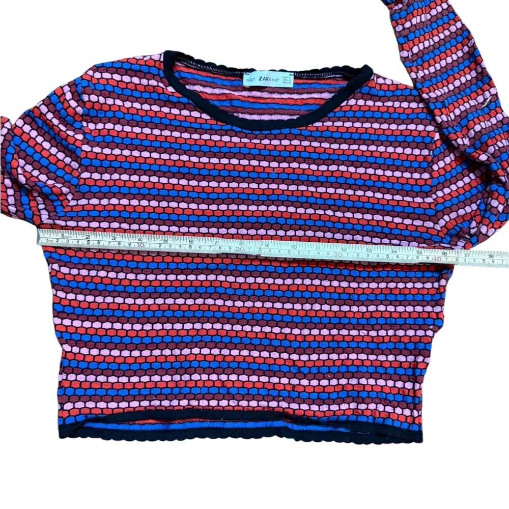 Zara Knit Striped Multicolor Textured Crop Long Sleeve Top Sz M Retro‎ 70s